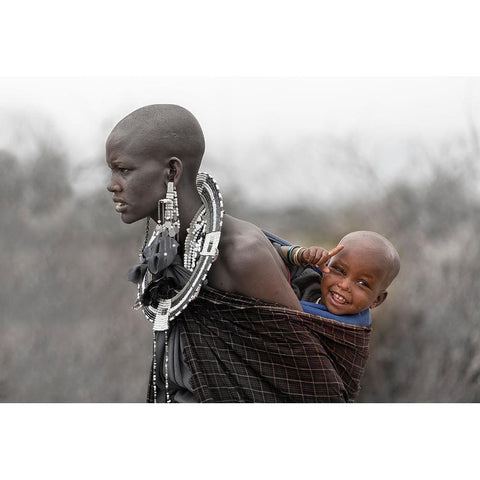 Maasai Mother And Son Black Modern Wood Framed Art Print with Double Matting by Ren, Yuzheng