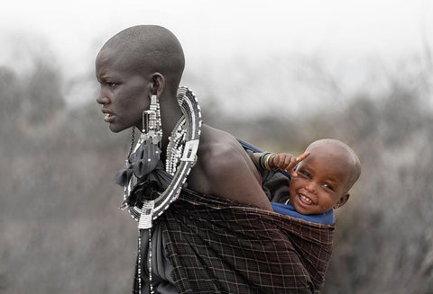 Maasai Mother And Son Black Ornate Wood Framed Art Print with Double Matting by Ren, Yuzheng