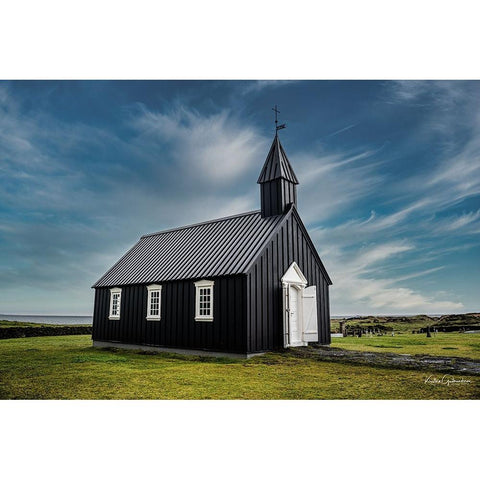 Black Church In Iceland White Modern Wood Framed Art Print by Gudmundsson, Kristvin