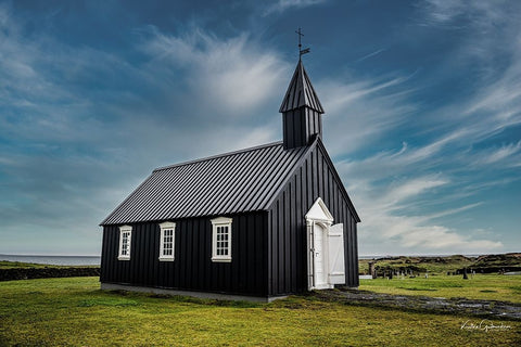 Black Church In Iceland White Modern Wood Framed Art Print with Double Matting by Gudmundsson, Kristvin