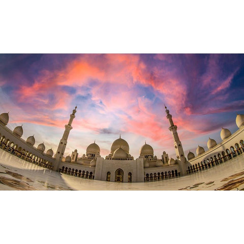 Sheikh Zayed Grand Mosque - Sunset White Modern Wood Framed Art Print by Abu Milad, Emil