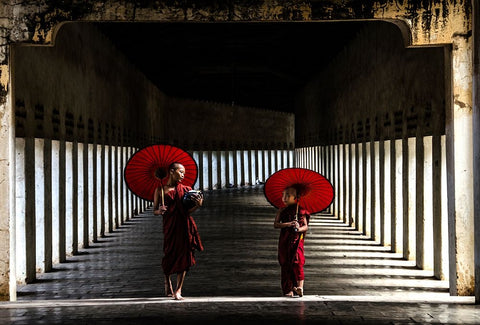 Two Monks Walking Home White Modern Wood Framed Art Print with Double Matting by Rana, Ajit