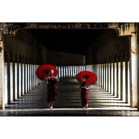 Two Monks Walking Home Gold Ornate Wood Framed Art Print with Double Matting by Rana, Ajit