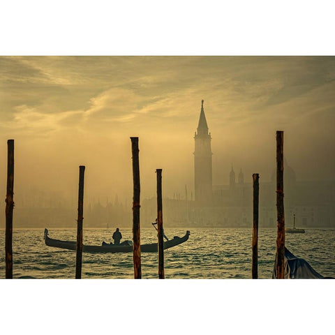 Gondola in the mist Black Modern Wood Framed Art Print by Dupont, Isabelle