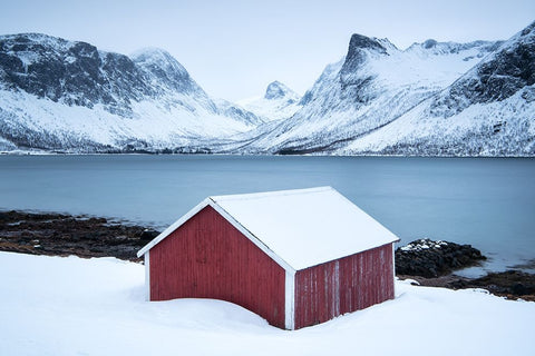 Red Hut White Modern Wood Framed Art Print with Double Matting by Landolt, Susanne