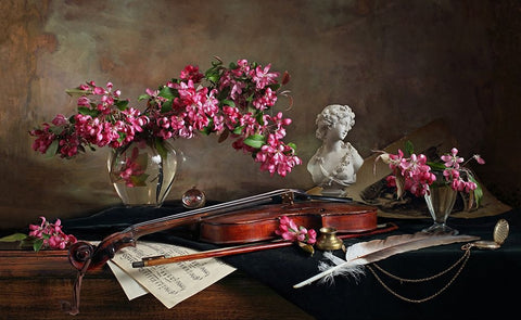 Still Life With Violin And Flowers Black Ornate Wood Framed Art Print with Double Matting by Morozov, Andrey