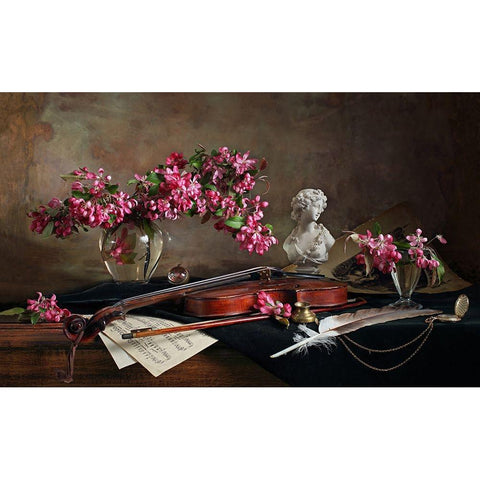 Still Life With Violin And Flowers Gold Ornate Wood Framed Art Print with Double Matting by Morozov, Andrey