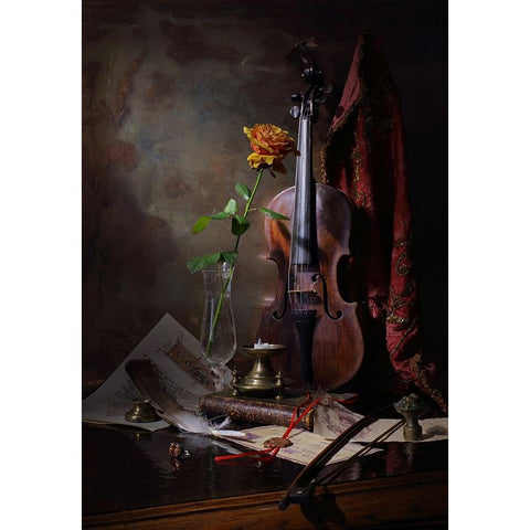 Still Life With Violin And Rose Gold Ornate Wood Framed Art Print with Double Matting by Morozov, Andrey