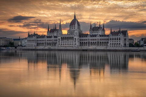 Sunrise In Budapest White Modern Wood Framed Art Print with Double Matting by Nicholas