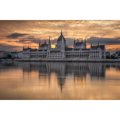 Sunrise In Budapest Black Modern Wood Framed Art Print with Double Matting by Nicholas