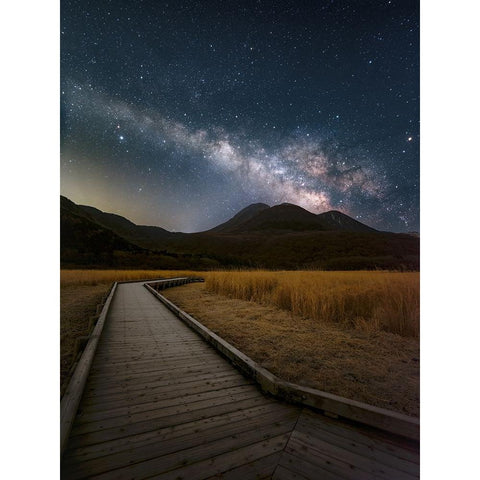 Milky Way shining in the sky of Kuju Mountain Range Black Modern Wood Framed Art Print with Double Matting by Awakari