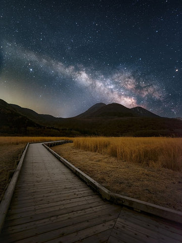 Milky Way shining in the sky of Kuju Mountain Range Black Ornate Wood Framed Art Print with Double Matting by Awakari