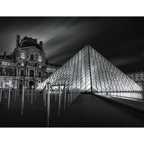 Louvre At Night Black Modern Wood Framed Art Print with Double Matting by W., Catherine