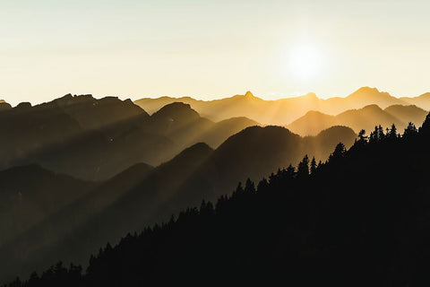 Sunset sun rays over the mountains Black Ornate Wood Framed Art Print with Double Matting by Yamada, Tomomi