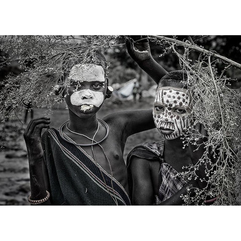 Two Surmi Girls - Ethiopia Black Modern Wood Framed Art Print with Double Matting by Inazio Kuesta, Joxe