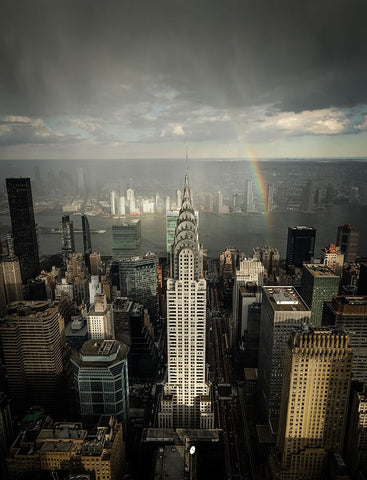 Rainbow Above Chrysler Building White Modern Wood Framed Art Print with Double Matting by Fahmy, Ahmed