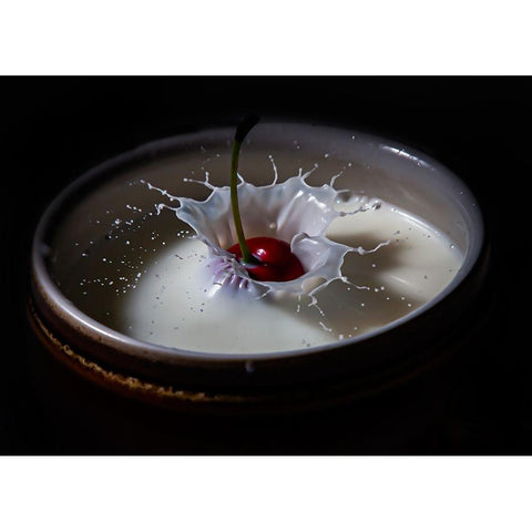 The cherry in a drop of milk White Modern Wood Framed Art Print by Yacov, Oren