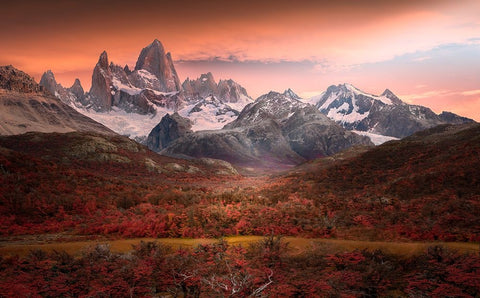 Fitz Roy Mountain in Autumn White Modern Wood Framed Art Print with Double Matting by And Hongchao, Gu