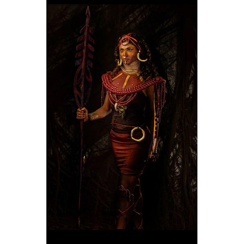 Masai Warrior Black Modern Wood Framed Art Print with Double Matting by Chattopadhyay, Debasish