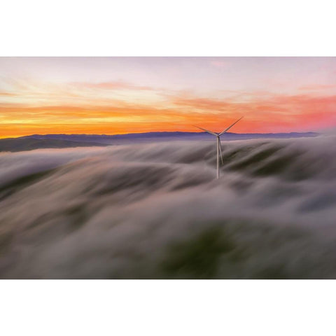 A Windmill In The Fog Gold Ornate Wood Framed Art Print with Double Matting by Qiu, Jenny