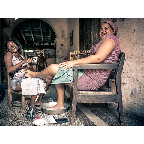 Pedicure In Santiago The Cuba White Modern Wood Framed Art Print by Alcalay, Eyal