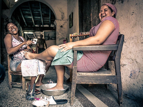 Pedicure In Santiago The Cuba Black Ornate Wood Framed Art Print with Double Matting by Alcalay, Eyal