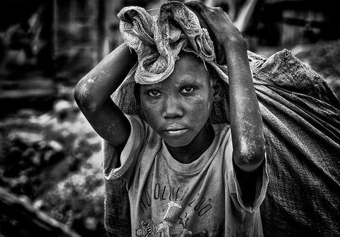 Child Working On Construction In The Streets Of Juba - South Sudan White Modern Wood Framed Art Print with Double Matting by Inazio Kuesta, Joxe