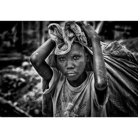 Child Working On Construction In The Streets Of Juba - South Sudan Gold Ornate Wood Framed Art Print with Double Matting by Inazio Kuesta, Joxe