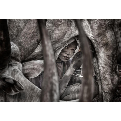 Mundari Child Milking A Cow-II - South Sudan Black Modern Wood Framed Art Print with Double Matting by Inazio Kuesta, Joxe