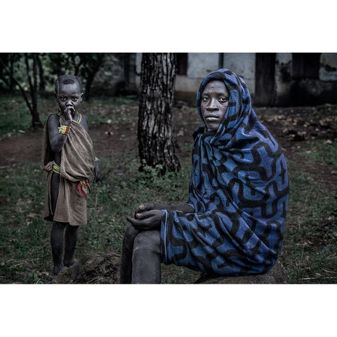 Surmi Tribe Man And Child - Ethiopia Gold Ornate Wood Framed Art Print with Double Matting by Inazio Kuesta, Joxe