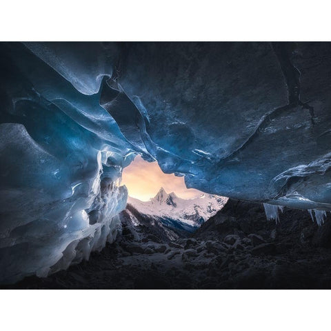 Ice Cave And Snow Mountain Gold Ornate Wood Framed Art Print with Double Matting by Ye, Ningyun