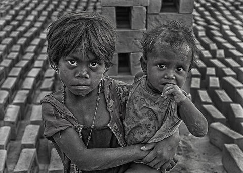 Siblings Black Ornate Wood Framed Art Print with Double Matting by Das, Mousumi