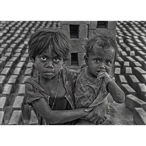 Siblings Black Modern Wood Framed Art Print with Double Matting by Das, Mousumi