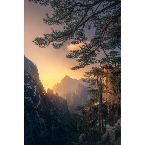 Yellow Mountain Sunset White Modern Wood Framed Art Print by Ye, Ningyun