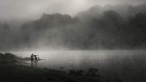 Misty RIVer White Modern Wood Framed Art Print with Double Matting by Zeng, Kenneth