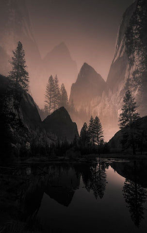 Foggy Mountain White Modern Wood Framed Art Print with Double Matting by Deng, Larry