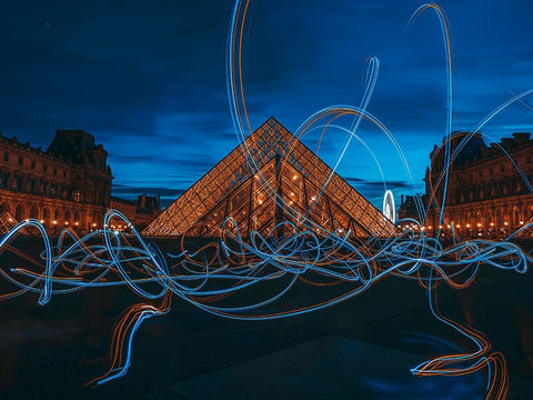 Light Painting At Louvre Museum White Modern Wood Framed Art Print with Double Matting by Amir