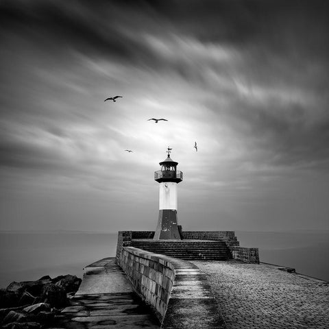 Sassnitz lighthouse Black Modern Wood Framed Art Print with Double Matting by Winkler, Jens