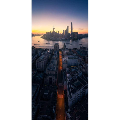 Shanghai Sunrise Black Modern Wood Framed Art Print with Double Matting by Tan, Jasper