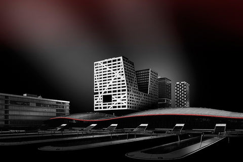 Subtle Red White Modern Wood Framed Art Print with Double Matting by Van Son, Greetje