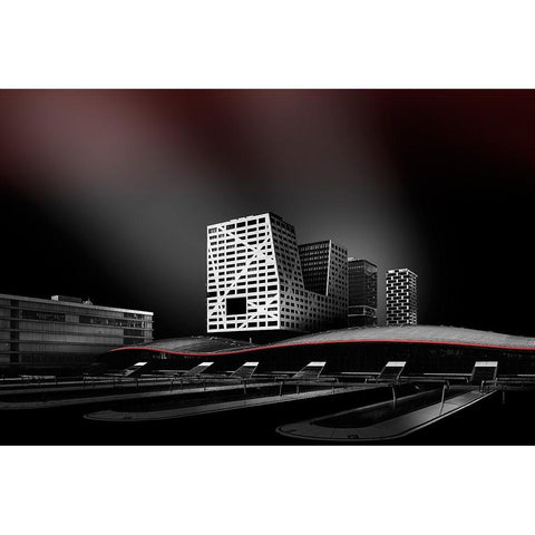 Subtle Red Black Modern Wood Framed Art Print with Double Matting by Van Son, Greetje