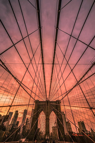 Brooklyn Bridge Sunset White Modern Wood Framed Art Print with Double Matting by R. Veizaga, Christopher