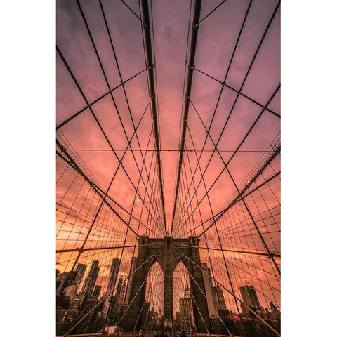 Brooklyn Bridge Sunset Black Modern Wood Framed Art Print by R. Veizaga, Christopher