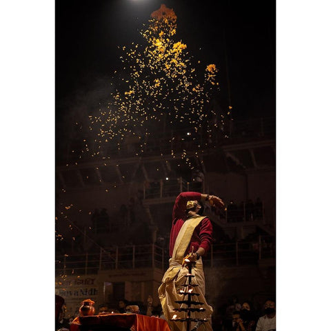 Ganga Aarti-101 Gold Ornate Wood Framed Art Print with Double Matting by Chakraborty, Debopam