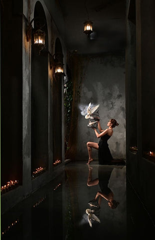 Playing With The Doves Black Ornate Wood Framed Art Print with Double Matting by Aditya, Rawisyah