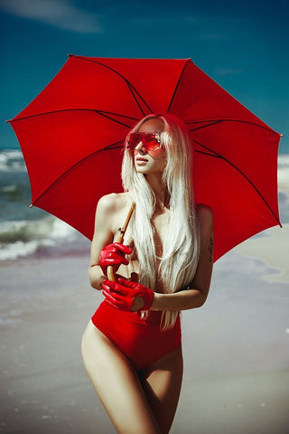 The Red Umbrella White Modern Wood Framed Art Print with Double Matting by Bolgov (Axe), Ruslan