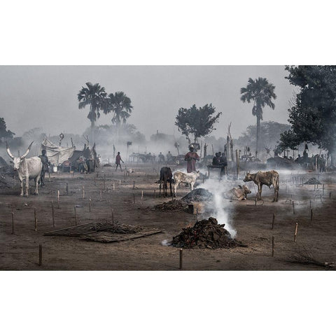 Life In A Mundari Cattle Camp - South Sudan White Modern Wood Framed Art Print by Inazio Kuesta, Joxe