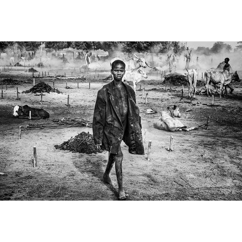 A Scene Of Life In A Mundari Cattle Camp - South Sudan White Modern Wood Framed Art Print by Inazio Kuesta, Joxe