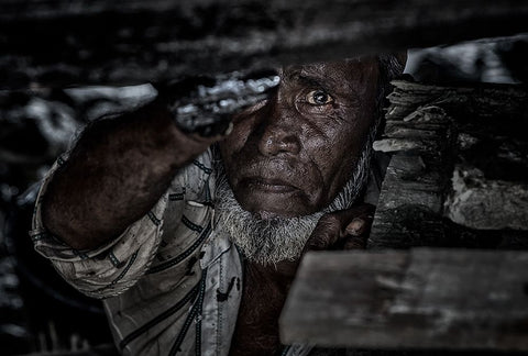 Man Tarring The Keel Of A Ship - Bangladesh White Modern Wood Framed Art Print with Double Matting by Inazio Kuesta, Joxe