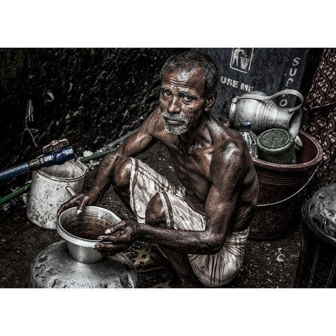 Man Filling A Pitcher With Water In The Streets Of Bangladesh. White Modern Wood Framed Art Print by Inazio Kuesta, Joxe